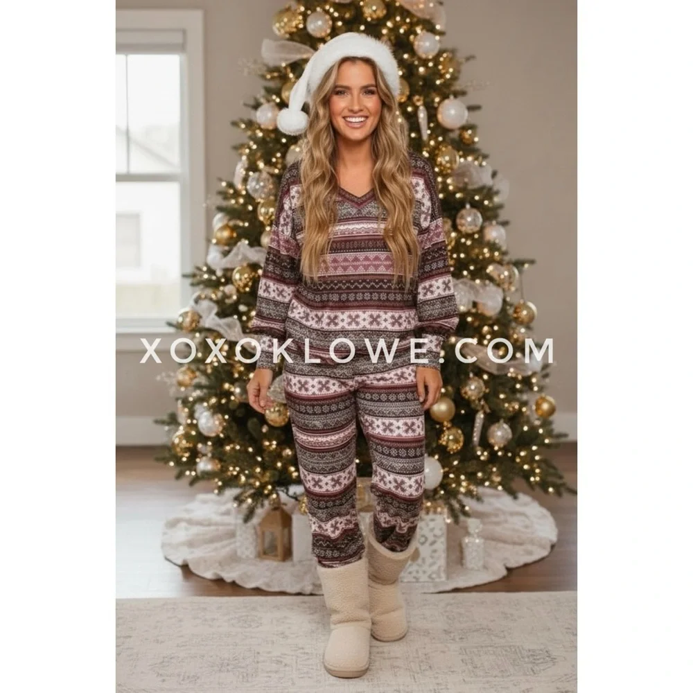 Peach Love Burgundy Faire Isle Pajama Set | Soft Knit Loungewear - Picture 6 of 10